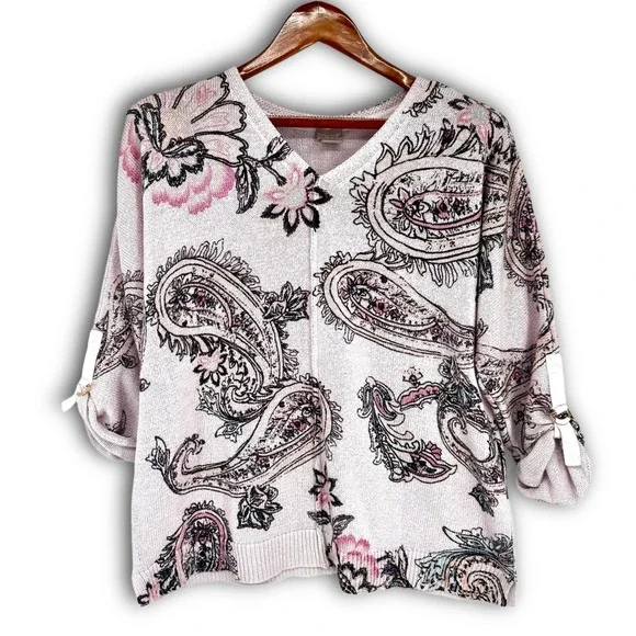 Chico's Blush Pink Paisley Sweater Sz 3 (XL) 3/4 Roll Tab Sleeve Romantic Cotton - Picture 3 of 12